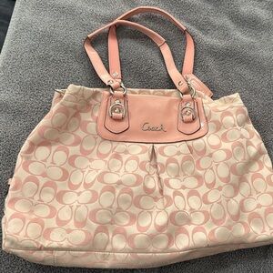Coach Pink Signature Tote with Leather Trim